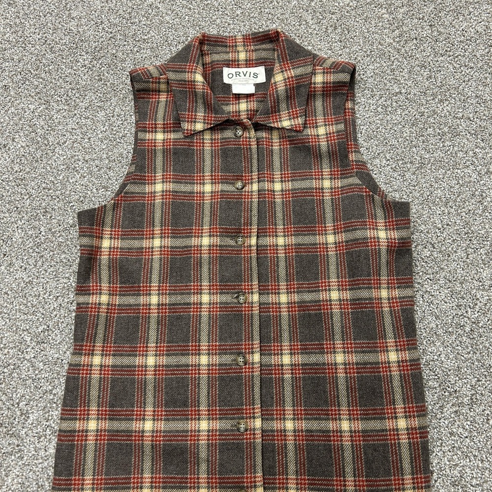Orvis Dress Womens 8 Brown Plaid Sleeveless Collared Button Shirt Long Wool